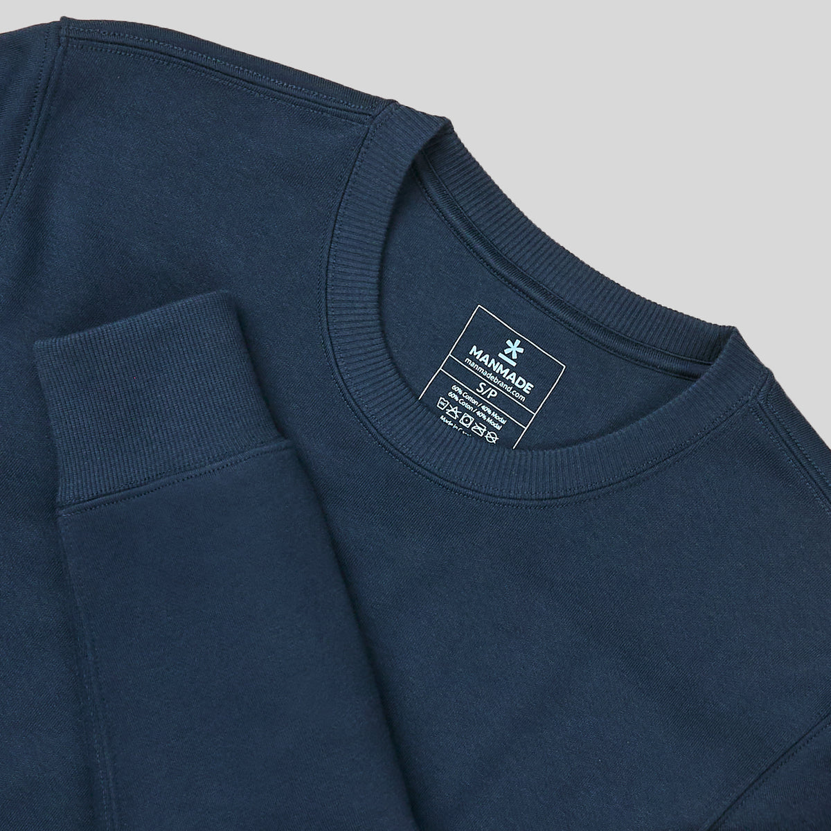 Blue Manmade crewneck sweatshirt collar and fabric detail